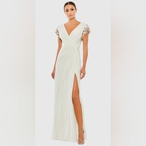 MAC DUGGAL 55709 EMBELLISHED SLEEVE JERSEY WRAP WHITE MULTI GOWN sz 14 NWT Beads